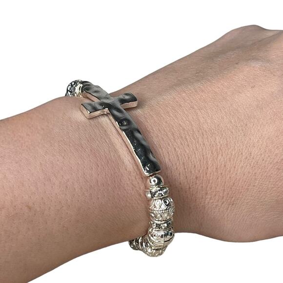 Silver Tone And Rhinestone Beaded Cross Bracelet Stretch Bracelet - Picture 7 of 8